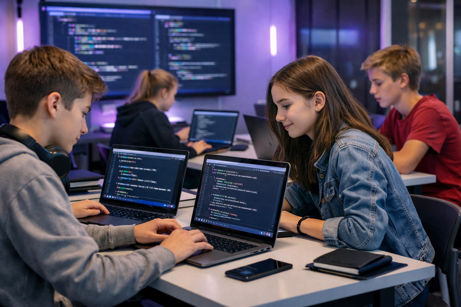 Students writing Python code in a classroom