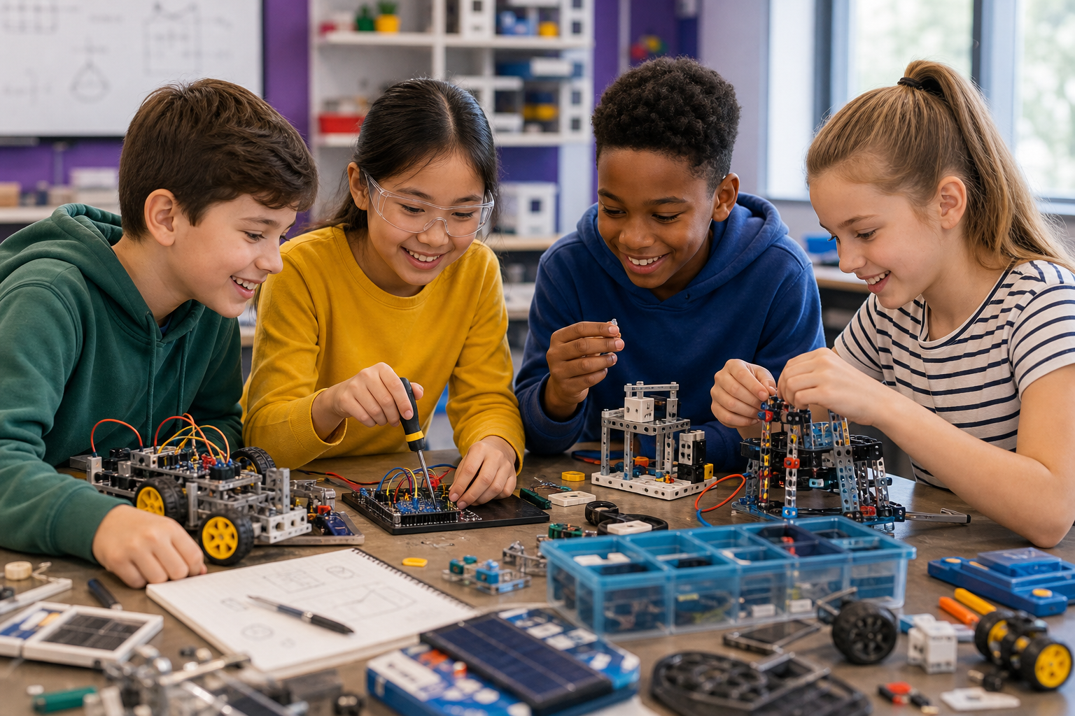 Children doing hands-on STEM robotics and electronics projects
